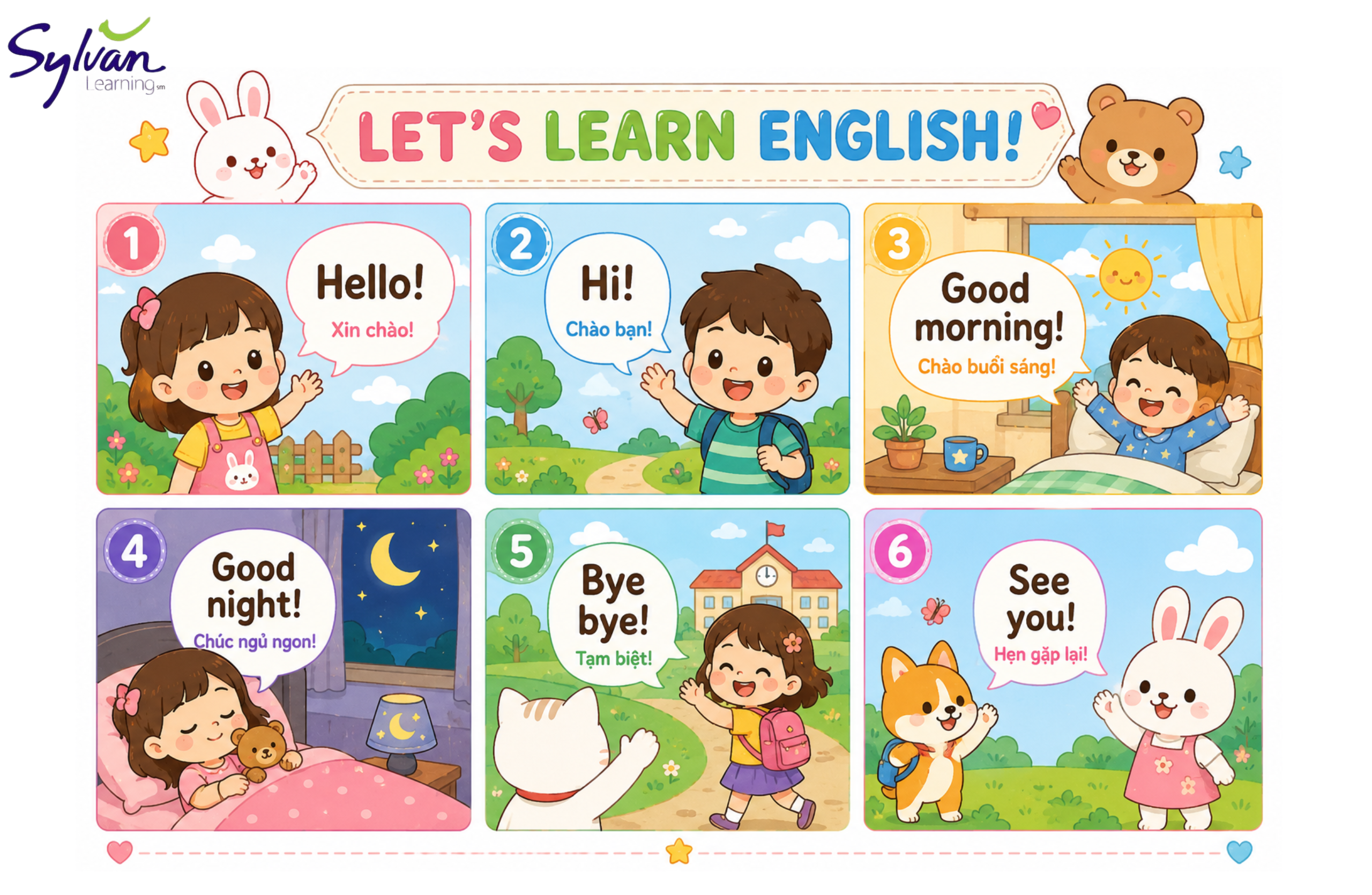 Mẫu câu tiếng Anh cho bé 3 tuổi chào hỏi